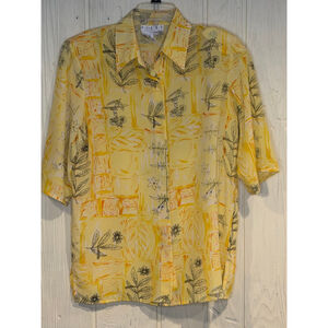 PIANO Yellow Orange Floral Silk Button Down Vintage Shirt M